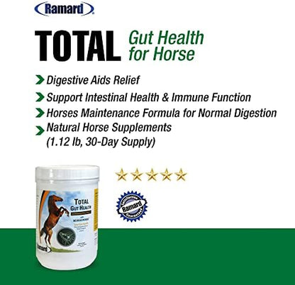 Ramard Total Gut Health Equine Digestive Support - Equine Gut Health Supplement Probiotics for Horses, Healthy Gut Vitamins, Gastric Relief, Optimum Digestive Health for Horses 1.12lb, 30-Day Supply