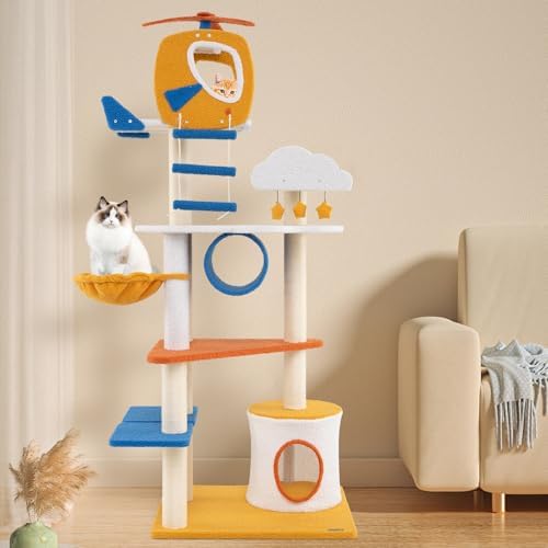 PETSITE 70 inch Tall Aviation-Themed Cat Tree Tower, Multi-Level Cute Cat Tower with Sisal Scratching Posts, Helicopter Top Perch, Basket Bed, Tunnel, Climbing Ladder, and Star-Shaped Hanging Toys