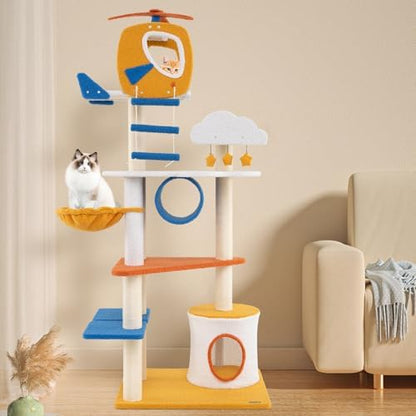 PETSITE 70 inch Tall Aviation-Themed Cat Tree Tower, Multi-Level Cute Cat Tower with Sisal Scratching Posts, Helicopter Top Perch, Basket Bed, Tunnel, Climbing Ladder, and Star-Shaped Hanging Toys