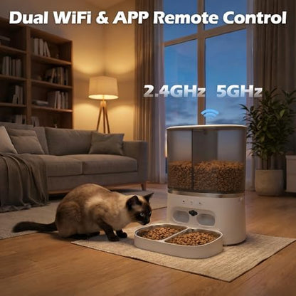 Automatic Cat Feeder with Camera, Automatic Dog Feeder Dry Food, 8L Dual Hopper Auto Cat Food Dispenser, 1080P HD Video with Night Vision/2-Way Audio/APP, 5G WiFi Pet Feeder with Low Food Tray-White