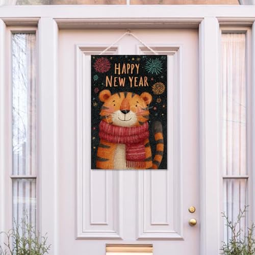 Happy New Year Garden Flag 12x18 Double Sided Vertical Linen Small Fireworks Tiger House Flag Welcome Holiday Winter House Outdoor Outside Decorations (27169)