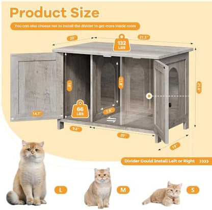Shintenchi Cat Litter Box Enclosure, Litter Box Furniture Cabinet Hidden with Removable Divider, Wooden Cat House with End Table, Grey, 31.5 inch