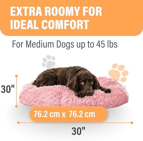 Active Pets Premium Medium Donut Dog Bed, Fits Up to 45 lbs, Machine Washable Cushion, Plush Long Pile Faux Fur Fabric, Portable Pink Pet Bed Furniture for Puppies Adult Canines & Cats