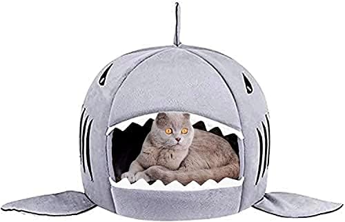 Cat Litter Hot Cat Mat Shark-Shaped House Warm Kennel Kitten Bed One Mat Two Usage Shark Bed for Small Cats Dog Cave Cozy Bed Removable （Light Grey）