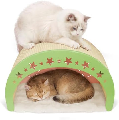 3-in-1 Crescent Elevated Cat Bed with Removable Sisal Scratcher & Soft Fleece Mat, Rocking Cat Hammock Lounge for Indoor Cats, Kittens & Small Animals, Pink