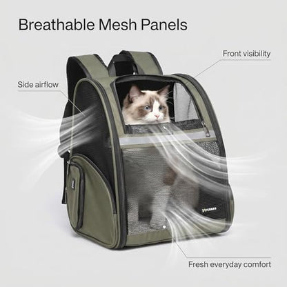 Cat Backpack Carrier for Small Dogs and Medium cat Puppy Kitten Bunny Pet Carrier Backpack Collapsible with Fully Ventilated Mesh with Safety Leash (DarkGreen, 12.9" L x 10.62" W x 15.5" H - M)