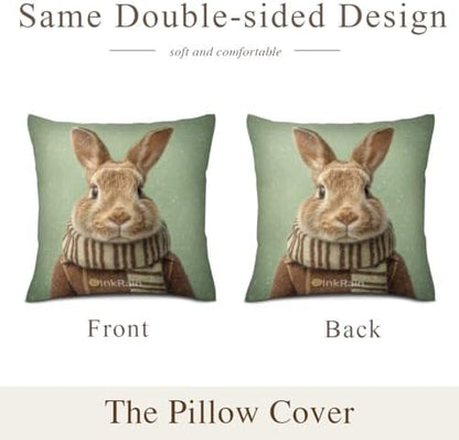InkRain Winter Animal Cute Rabbit Pillow Cover 24x24 Inch Set of 2 Home Decor Decorative Cotton Linen Illustration Pillowcases for Living Room House Sofa