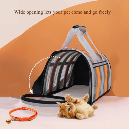 18.5" Airline Approved Pet Carrier for Small Dogs & Cats, Portable Soft-Sided Cat Travel Bag with Adjustable Bell Collar & Safety Leash, Lightweight Foldable Dog Carrying Case