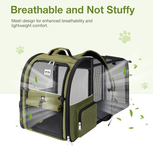 Large Cat Backpack Carrier Expandable Pet Carrier Backpack for Small Dogs Medium Cats Fit Up to 18 Lbs, Dog Backpack Carrier, Foldable Puppy Backpack Carrier for Travel,Dark Green, Large