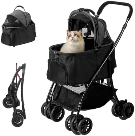 Pet Stroller Quickly Folds for Easy Storage Cat Stroller with Detachable Carrier Thickened Oxford Cloth Breathable Basket Dog Strollers for Small Dogs (Grey)