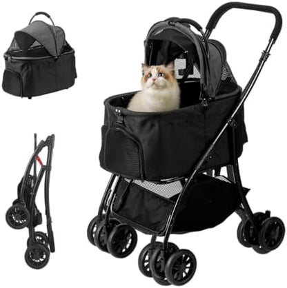 Pet Stroller Quickly Folds for Easy Storage Cat Stroller with Detachable Carrier Thickened Oxford Cloth Breathable Basket Dog Strollers for Small Dogs (Grey)