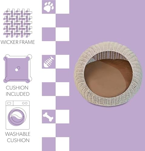 CBD3000C Fiora 19.5" x 18" Modern Circular Faux Wicker Pet Bed with Machine-Washable Cushion, Cat Beds for Indoor Cats, White