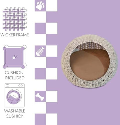 CBD3000C Fiora 19.5" x 18" Modern Circular Faux Wicker Pet Bed with Machine-Washable Cushion, Cat Beds for Indoor Cats, White