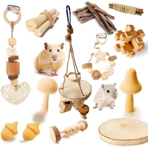 13 PCs Hamster Toys for Hamster, Gerbils, Mice, Rats, and Other Small Animals - Natural Molar Chew & Play Toys to Induce Teeth Grinding, Reduce Boredom and Depression