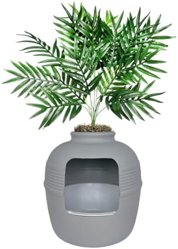 Good Pet Stuff Original Hidden Litter Box Planter, Decorative Cat Litter Enclosure, Carbon Filter, Faux Plant, Easy to Clean, Round Design, Removable Tray, Essentials Kit, Palm Plant, Pebble Gray