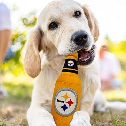 Pets First NFL Pittsburgh Steelers Beer Bottle Plush Dog & CAT Squeak Toy - Cutest Stadium SODA Bottle Snack Plush Toy for Dogs & Cats with Inner Squeaker & Beautiful Football Team Name/Logo