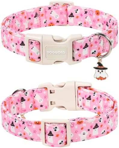 DOGWONG Pink Halloween Dog Collar, Pink Ghost Fall Dog Collar,Girl Female Halloween Dogs Collars for Small Medium Dogs, Neck 14-21 inches