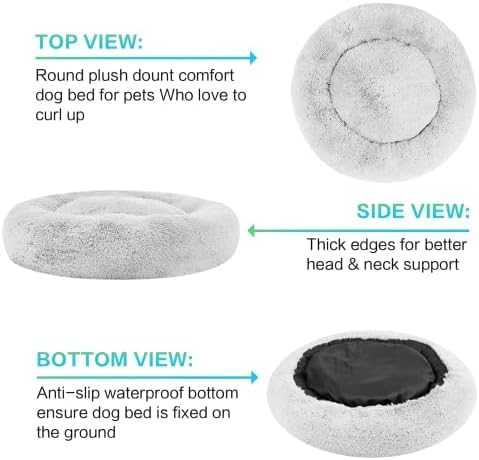 SAVFOX 45 inches Calming Donut Dog Bed - 3X Durable Plush Faux Fur, Machine Washable & Non-Slip, Fits up to 150 lbs, Light Grey