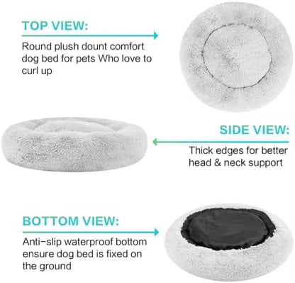 SAVFOX 45 inches Calming Donut Dog Bed - 3X Durable Plush Faux Fur, Machine Washable & Non-Slip, Fits up to 150 lbs, Light Grey