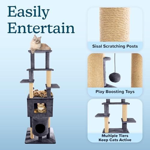 68” Tall Cat Tree Tower - Cat Tower with 2 Kitten Condos, Climbing Perches, 8 Jute Rope Scratching Posts, and Hanging Toy - Multi-Level Kitten Tree and Climbing Activity Furniture by PETMAKER (Gray)