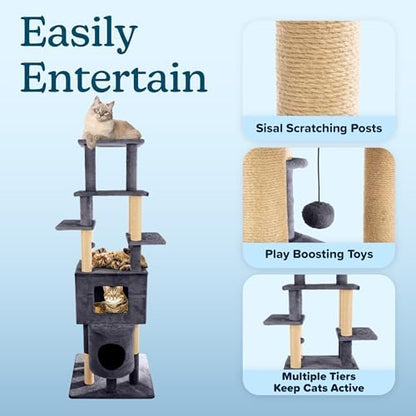 68” Tall Cat Tree Tower - Cat Tower with 2 Kitten Condos, Climbing Perches, 8 Jute Rope Scratching Posts, and Hanging Toy - Multi-Level Kitten Tree and Climbing Activity Furniture by PETMAKER (Gray)