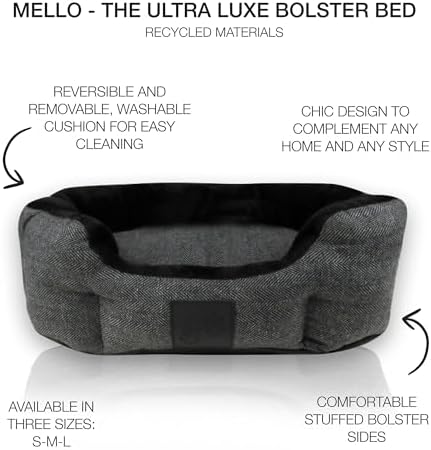 Pet Passion Mello- The Ultra Luxe Bolster Dog Bed with Removable Washable Pillow for All Pet Breeds, Charcoal Tweed, Small