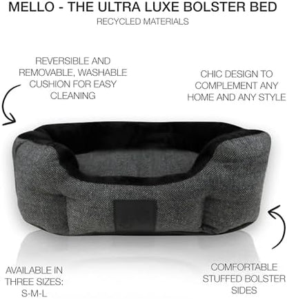 Pet Passion Mello- The Ultra Luxe Bolster Dog Bed with Removable Washable Pillow for All Pet Breeds, Charcoal Tweed, Medium