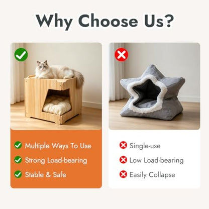 Large 2double-Deck Cat Fort for Pet Cat Cave for Indoor Cats Cat House for Multi Pet Large Kitten Kitty Cat Bed Wooden Style 15 * 15 * 30 inches (2layer)