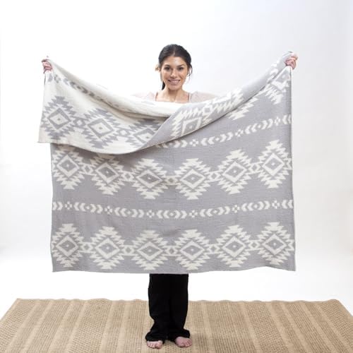 Carstens, Inc. Luxury Soft Stretchy Reversible Plush Throw Blanket, Large 50" x 60", Western Grey Diamond Aztec