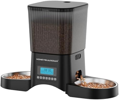 HoneyGuardian Automatic Cat Feeder for 2 Cats, Automatic Cat Food Dispenser, Timed Pet Feeder for Cats and Dogs, Desiccant Bag, Programmable Portion Control,10s Voice Recorder