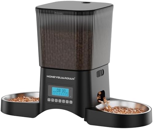 HoneyGuardian Automatic Cat Feeder for 2 Cats, Automatic Cat Food Dispenser, Timed Pet Feeder for Cats and Dogs, Desiccant Bag, Programmable Portion Control,10s Voice Recorder