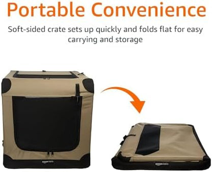 Amazon Basics Portable Folding Soft Dog Crate, Double Door, Collapsible Travel Kennel, Easy to Set Up, Sturdy, Secure, XL 42" x 31" x 31", Tan