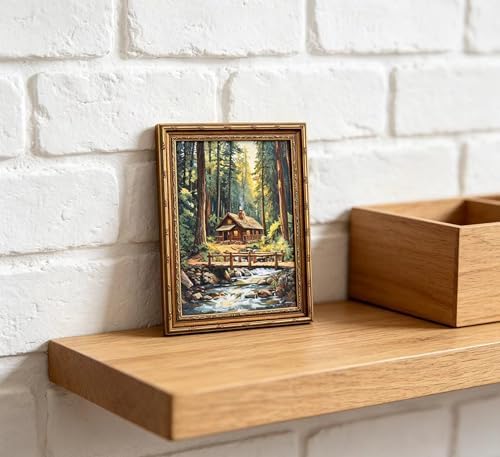 Vintage Gold Framed Forest Wall Art, Retro Mountain Woods Cottage Oli Painting Canvas Print, Antique Log Cabin Picture Wall Decor, Rustic Farmhouse Stream Poster Artwork for Bedroom Living Room