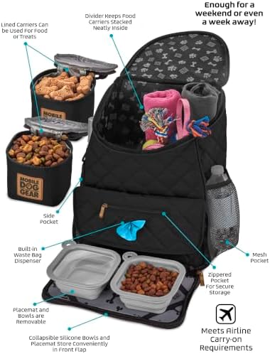 Mobile Dog Gear: Weekender Backpack - Black - Quilted Pet Travel Bag Holds Dog Accessories, Food Carriers, Silicone Bowls, Built-In Feeding Placemat