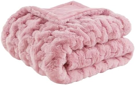 Madison Park Ruched Fur Throw Faux Fur Blanket for Sofa, 50" x 60", Pink
