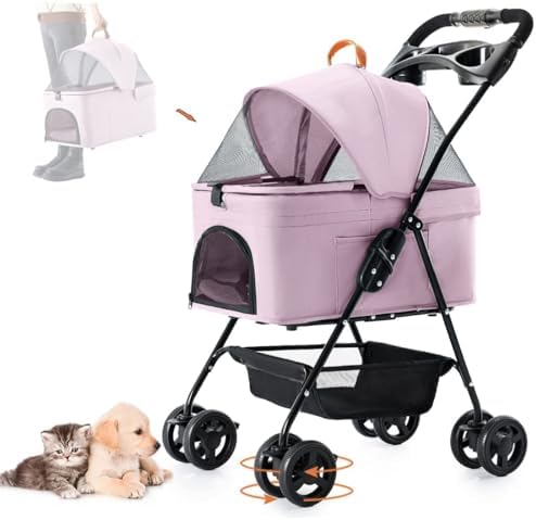 Pet Stroller with Detachable Carrier for Small Dogs & Cats, Pink