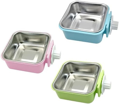 kathson Crate Dog Bowl, Removable Stainless Steel Hanging Pet Kennel Cage Bowl Food & Water Feeder Coop Cup for Puppy, Cat, Rabbit, Guinea Pigs 3pcs Small Square(Blue, Green, and Pink)