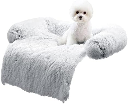 HACHIKITTY Calming Pet Sofa Bed Mat, Washable Fluffy Couch Cover for Dogs and Cats, Anti-Slip Bottom (40"x 38"x 6", Gray)