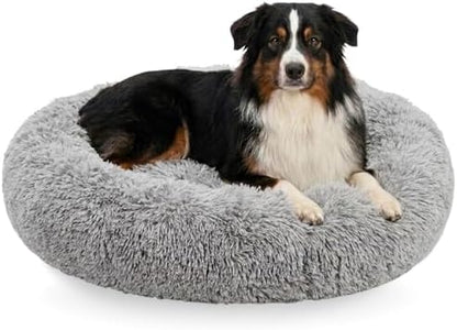 Active Pets Premium Large Donut Dog Bed, Fits Up to 100 lbs, Machine Washable Cushion, Plush Long Pile Faux Fur Fabric, Portable Light Gray Pet Bed Furniture for Puppies Adult Canines & Cats