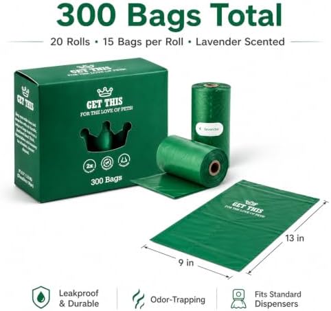 GET THIS Dog Poop Bag - 300 Dog Waste Bags, Lavender Scented, Leakproof & Odor-Trapping, Durable Waste Bags – 20 Rolls (15 Pet Poop Bagі Per Roll), 13x9" Environment-friendly Potty Bags