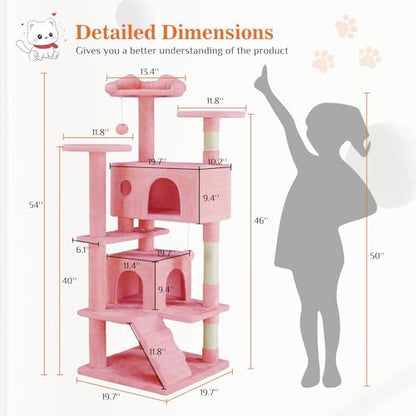 Sweetcrispy 54-Inch Cat Tree Tower – Multi-Level with Sisal Scratching Post, Perfect Pet Gift, Indoor Condo with Climbing Ladder, Plush Toy, and More Animal Stuff, Pink