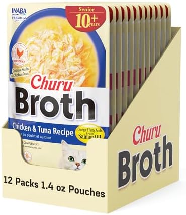 INABA Churu Broth for Cats Senior 10+, Side Dish Pouch, 1.4 Ounces per Pouch, 12 Pouches Total, Chicken & Tuna Recipe
