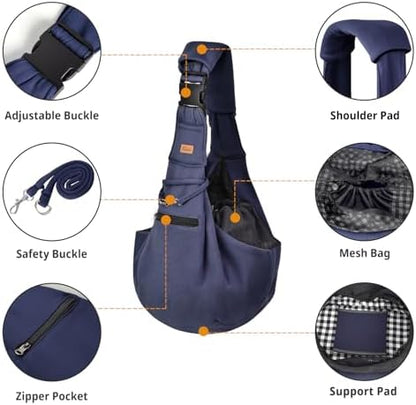 CUBY Adjustable Dog Cat Sling Carrier with Padded Hard Bottom Pet Carrier Sling Soft Carrying Puppy Bag for Small Dogs Cats Outdoor Travel(Blue Senior)