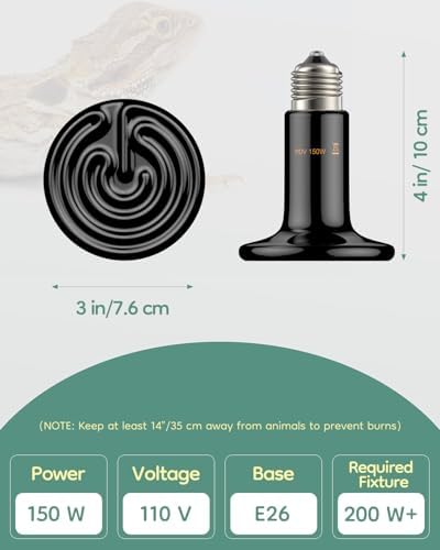 Pawfly 150 W E26 Ceramic Heat Emitter for Reptiles, No Light Emitting Reptile Heat Lamp Bulb, Infrared Ceramic Heat Bulb for Amphibian Chicken Snake Lizard, Ceramics Heat Lamp, Pet Brooder Coop Heater