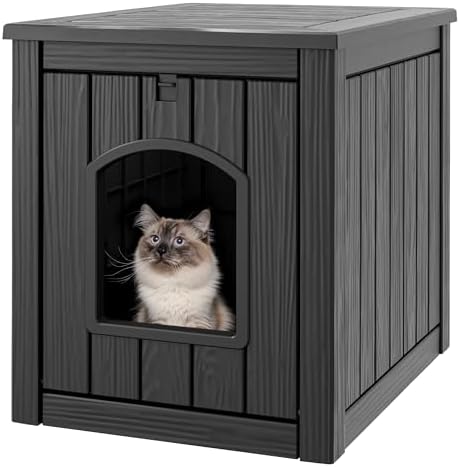 Cat Litter Box Enclosure, Hidden Litter Box with Openable Front Door, Outdoor Cat House Weatherproof, Side Table, Easy to Clean and Assembly, Dark Black