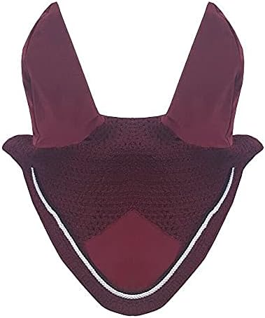 Horse Fly Bonnet Double Piping Ear Net Fly Veil Mask Breathable Cotton Crochet Horse Tack (Full, Burgundy/Maroon)