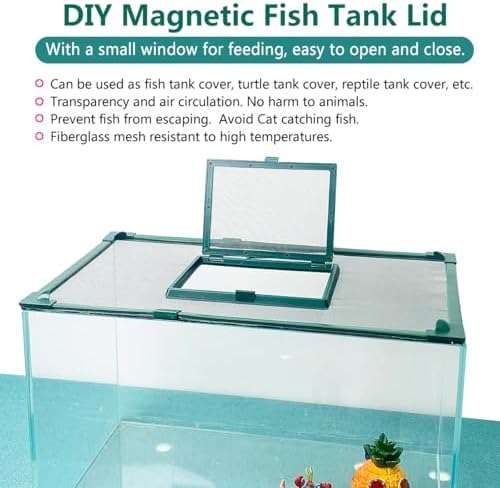Magnetic Fish Tank Cover with Feeding Window Green Frame Grey Fiberglass Mesh, DIY Fish Tank Lid Adjustable Size Fit Tank Size Max 35''X19'' for Preventing Fish from Jumping Out and Reptile Escaping