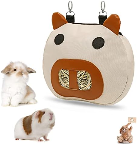 Rabbit Hay Feeder Bag with 2 Hanging Hooks for Small Animal Cage Mess Free