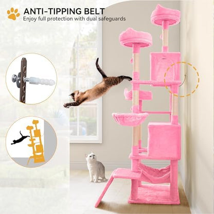 YITAHOME Tall Cat Tree for Indoor Cats, 75 inch Multi-Level Cat Tower with Cat Condos, Top Perches, Sisal Ramp Scratching Posts, Cozy Basket, Hammocks, Large Cat Pet Activity Structure,Pink