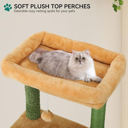 YITAHOME Tall Cactus Cat Tree Tower with Self-Grooming Brush, 60in Cute Cat Climbing Tower for Indoor Cats with Cat Condo, Top Perch, Basktet, Sisal Scratching Posts and Board, Dangling,Ball